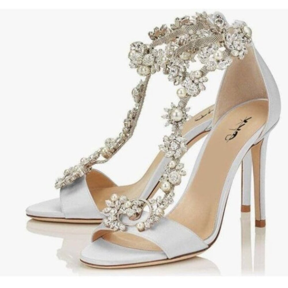 XYD Light Grey High Heel Wedding Rhinestones T-Strap Crystal Prom Sandals